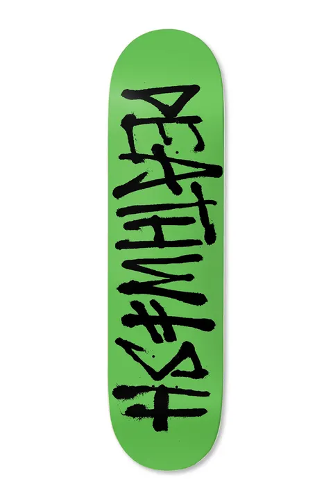 Deathwish OG Deathspray Grn/Blk 8.475 skateboard deck: Plain bright green deck with the Deathwish name in large black hand-painted brush lettering, stacked vertically down the centre with drips and uneven strokes.