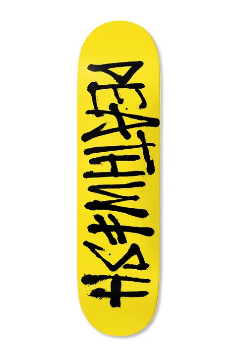 Deathwish OG Deathspray Ylw/Blk 8.0 skateboard deck: Plain bright yellow deck with the Deathwish name in large black hand-painted brush lettering, stacked vertically down the centre with drips and uneven strokes.