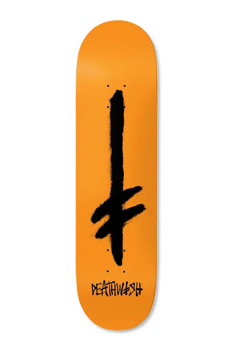 Deathwish OG Gangspray Org/Blk 8.125 skateboard deck: Large black spray-painted Deathwish sword-and-cross logo running down the centre of a solid orange deck, with the brand name in black graffiti lettering at the bottom.