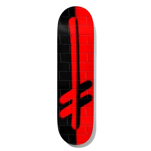 Deathwish OG Logo Split Bricks 8.0 skateboard deck: A sprayed Deathwish sword-cross logo over a brick wall, with the deck split down the middle into black on the left and red on the right, the logo colours inverted on each side.
