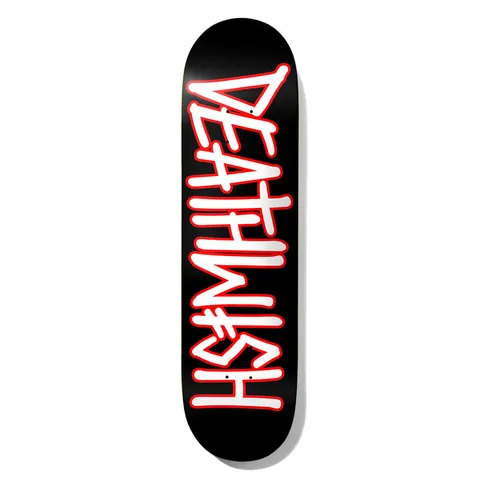 Deathwish Outline Black/White 8.75 skateboard deck: Large hand-drawn DEATHWISH logo running the length of the deck in white lettering with a red outline on a solid black ground.