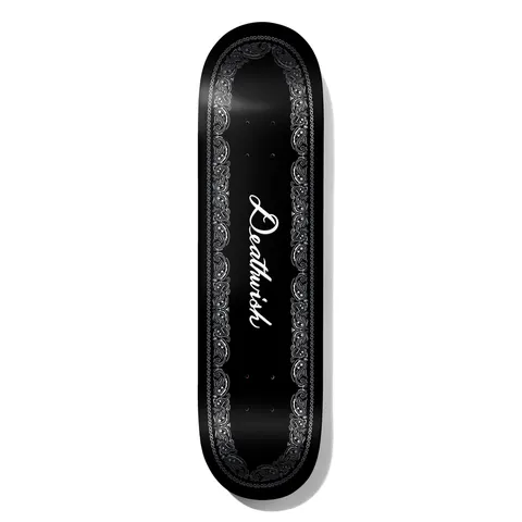 Deathwish Paisley Script 8.5 skateboard deck: Black deck with the Deathwish name in white script lettering at the centre, surrounded by a grey bandana-style paisley border following the outline of the deck.
