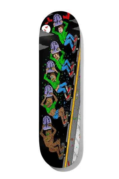 Deathwish Pedro 423 8.475 skateboard deck: Cartoon sequence running down the board of a skater carrying a tombstone-shaped deck and gradually turning from a man in a green shirt into a brown werewolf, beside a yellow-lined road. Bats and a moon sit at the top.