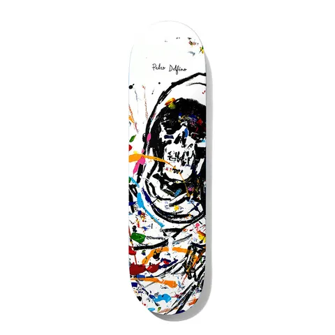 Deathwish Pedro Always Go 8.25 skateboard deck: White deck with a rough black brush drawing of a hooded skull figure, surrounded by splatters and streaks of multicoloured paint. The rider's signature in script sits near the top.