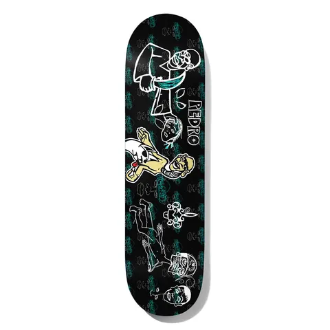 Deathwish Pedro Chop Chop 8.5 skateboard deck: Loose white line drawings of several cartoon men and a figure lying down, with one in yellow holding a skull, over a black deck patterned with faint teal logos. The word Redro is lettered beside them.