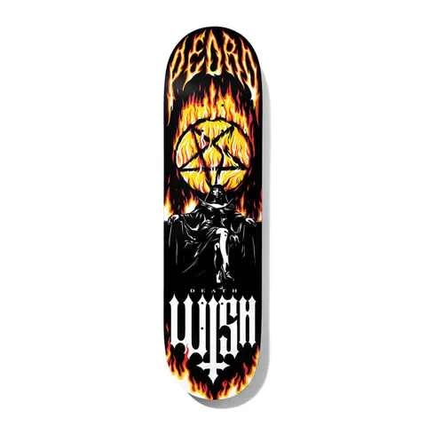 Deathwish Pedro Dedication 8.25 skateboard deck: Hooded black figure seated on a throne beneath a burning pentagram, surrounded by flames. PEDRO in flaming gothic letters at the nose and Death Wish logo with an inverted cross at the tail.