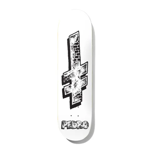 Deathwish Pedro Incarcerate 8.125 skateboard deck: Black and white stippled logo of an inverted cross-like shape built from brick walls, with a shadow edge, above the rider's first name in brick-textured letters on a white deck.
