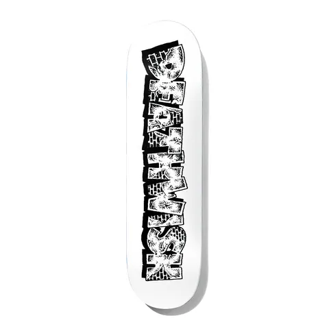 Deathwish Pedro Incarceration 8.0 skateboard deck: White deck with large black-and-white Deathwish lettering stacked vertically, textured like stone or skin with bricks showing in a black shadow behind the letters.