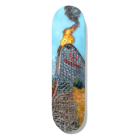 Deathwish Pedro Psychodro 8.0 skateboard deck: Painted scene of a tall wooden roller coaster with flames and black smoke bursting from its peak against a blue sky. A red logo and the word Psychodro are printed on the structure.