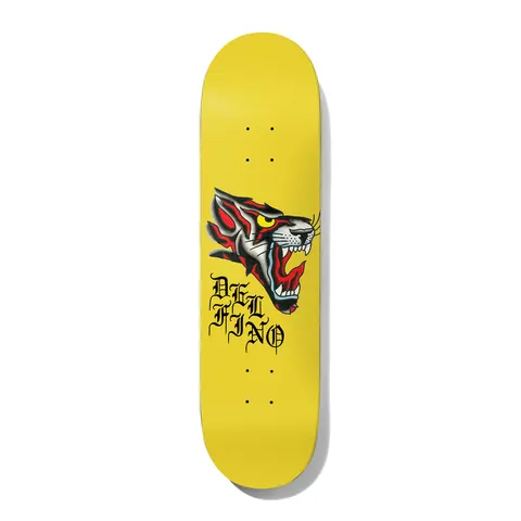 Deathwish Pedro Seven Trumpets 8.125 skateboard deck: Traditional tattoo-style tiger or panther head with open red mouth, yellow eye and flame-like stripes, with the name Delfino in blackletter lettering below, on a plain yellow deck.