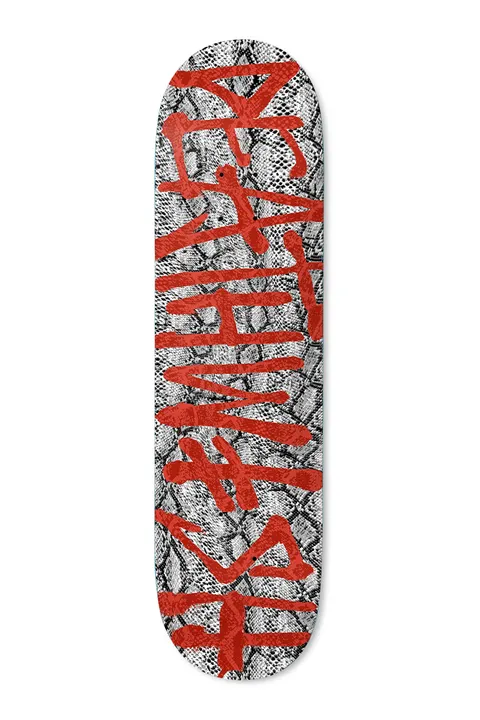 Deathwish Snake Spray 8.475 skateboard deck: Red spray-painted Deathwish lettering running the length of the deck over a black and white snakeskin pattern.
