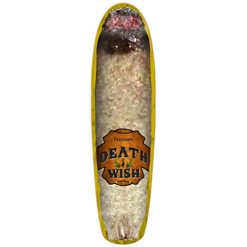 Deathwish Spliff Cruiser skateboard deck: Photographic image of a huge rolled joint, with a burning ash tip at the nose and a brown Premium Death Wish label with cannabis leaves near the tail. Cruiser shape with a yellow edge.