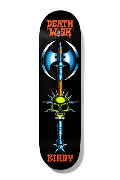 Deathwish TK Forgotten Relics 8.475 skateboard deck: Medieval double-headed battle axe on a spiked mace handle with a spiked yellow-green skull, drawn in metallic blue and orange on black. Dripping orange Deathwish logo at the top and rider name at the bottom.