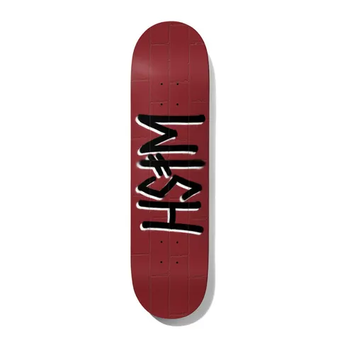 Deathwish Wish Bricks 8.0 skateboard deck: Large black spray-painted Deathwish logo with white outline across a dark red brick-patterned deck, the lettering running along its length.