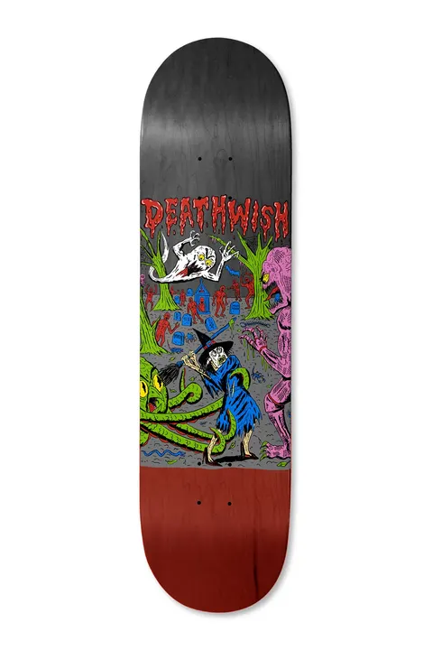Deathwish Yuri Full Heat 8.5 skateboard deck: Cartoon horror scene in a graveyard: a skeletal witch in a blue robe swings a broom at a green tentacled monster, with a ghost above and a pink creature to the right. Dripping red Deathwish lettering at top.