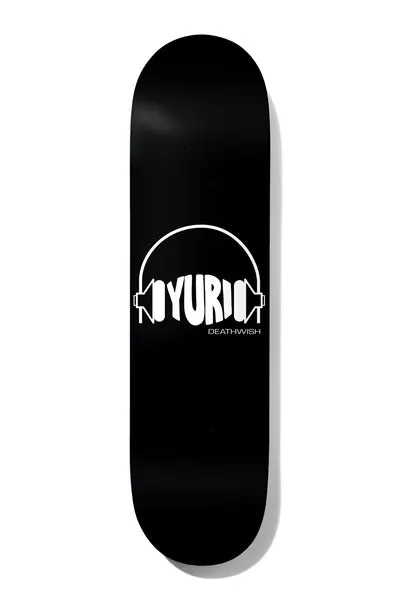 Deathwish Yuri Loud 8.475 skateboard deck: White headphones outline with the name YURI forming the ear cups, on a plain black deck, with small Deathwish text underneath.