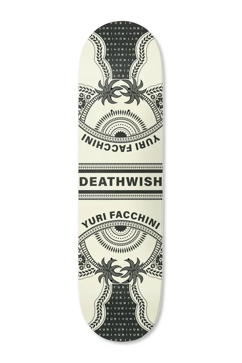 Deathwish Yuri Zaza 8.5 skateboard deck: Symmetrical design with two ornate eyes flanked by wheat and palm motifs, a central Deathwish banner, and Yuri Facchini lettering mirrored top and bottom, on cream with black end panels.