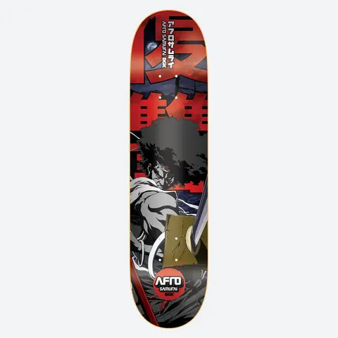 DGK Afro skateboard deck: Anime-style Afro Samurai illustration of the afro-haired swordsman gripping a katana, set against red Japanese characters and a night sky with a moon. An Afro Samurai DGK badge sits near the tail.