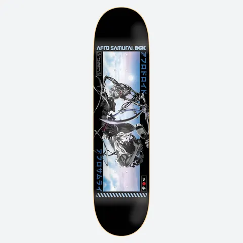 DGK Afro vs. Afro Droid skateboard deck: Anime-style panel of Afro Samurai clashing blades with a robotic Afro Droid against a pale cloudy sky, framed in black with blue Japanese characters. Afro Samurai and DGK are printed at the top.