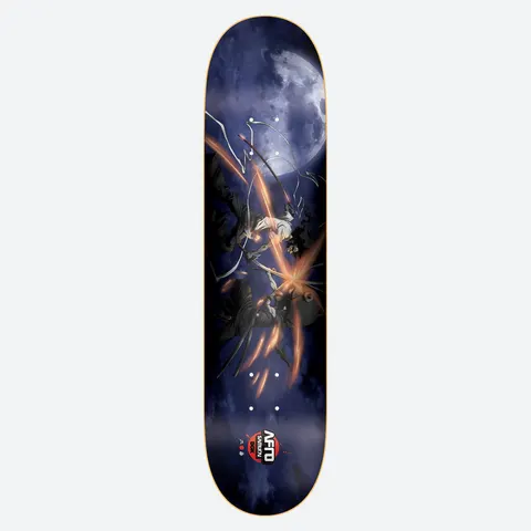 DGK Afro vs. Kuma Lenticular skateboard deck: Anime-style artwork of two swordsmen clashing mid-air in a burst of orange sparks, beneath a large full moon in a dark blue cloudy sky. A round Afro Samurai and DGK logo sits at the bottom.