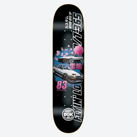 DGK Akina Pass 8.1 skateboard deck: A black deck with a Japanese street-racing theme: two white hatchback cars, a cherry blossom branch and a pink sun, with large outlined lettering, Japanese characters and a DGK globe logo.