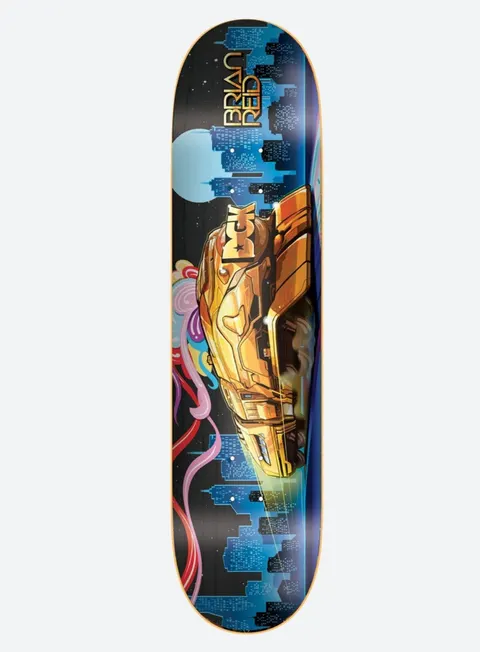 DGK All Aboard Reid 8.5 skateboard deck: A golden futuristic car speeds through a night city skyline of blue skyscrapers with a pale moon and swirling rainbow ribbons at the left. The name is at the nose.