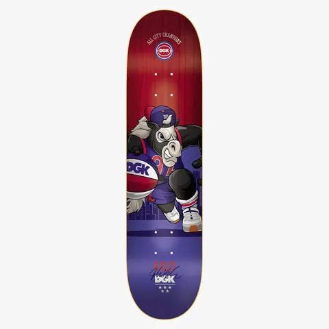 DGK All City Champions Kalis 8.06 skateboard deck: A cartoon bull mascot in a cap and basketball kit dribbles a red, white and blue ball past a city skyline. The ground fades from red to purple, with a small crest at the top.