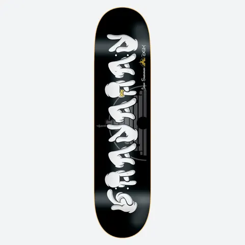 DGK All Night Shanahan 7.9 skateboard deck: White cartoon-gloved hands form a vertical stack of graffiti-style lettering on a black deck. A small silhouette skyline with the Statue of Liberty sits behind the lettering, with the rider's name and DGK logo beside it.