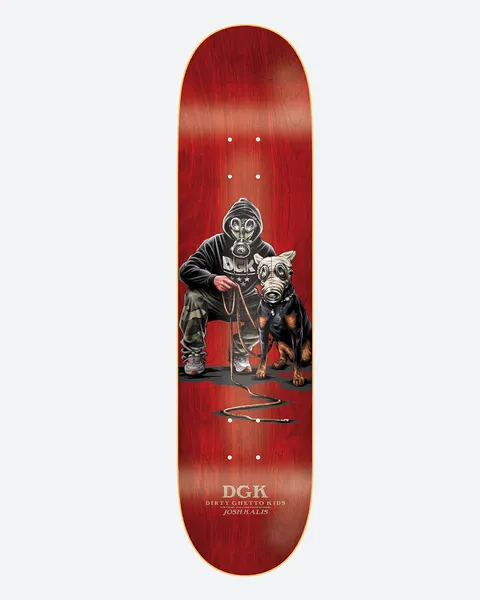 DGK Armageddon Kalis 8.06 skateboard deck: A crouching figure in a hooded DGK top, camouflage trousers and a gas mask holds a lead attached to a Rottweiler also wearing a gas mask, on a red stained deck. DGK logo and rider name at the bottom.