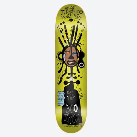 DGK Autographed Breezy x Boo skateboard deck: Naive drawing of a totem-like figure with a brown mask face, long black dreadlock lines and a dark bell-shaped body, covered in positive affirmations in hand lettering on a lime green deck. Signature near the nose.