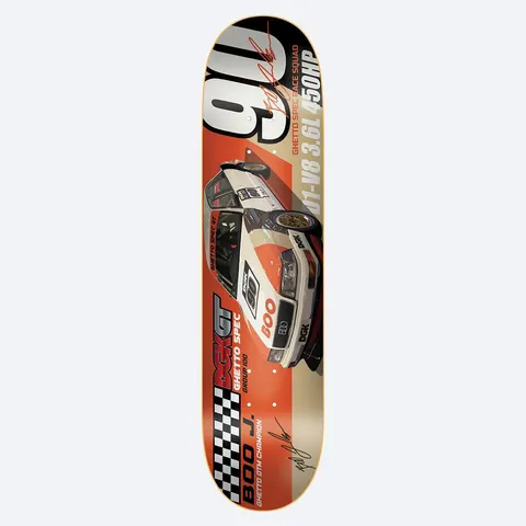 DGK Autographed Ghetto GT Boo 7.9 skateboard deck: Motorsport-style layout with a white and orange DGK-liveried rally car angled across the deck, a large number 90, chequered flag strip and racing spec text. Signature printed in orange at top and bottom.