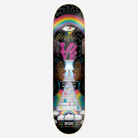 DGK Autographed Ghetto Psych Stevie 8.06 skateboard deck: Black deck with a psychedelic scene of two crying women in profile facing each other across a staircase of dripping rainbow colours. A rainbow, a weeping eye and pink LOVE letters sit above, with a gold signature.
