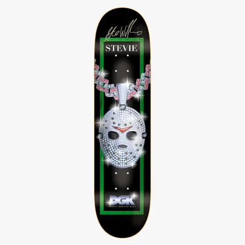 DGK Autographed Iced Stevie 8.1 skateboard deck: Jewelled hockey-mask pendant on a diamond-studded chain, sparkling, framed by a green border on black. Gold signature at the top, STEVIE name panel, and DGK logo at the bottom.