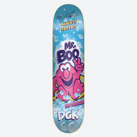 DGK Autographed Mr Boo 8.06 skateboard deck: Blue deck filled with soap bubbles, featuring a smiling pink cartoon blob character making a peace sign beneath bold purple lettering. A printed signature sits at the top and the DGK logo at the tail.