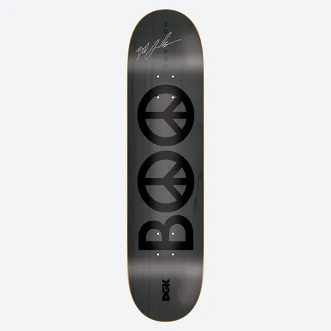 DGK Autographed Peace Boo 8.25 skateboard deck: Dark grey stained deck with a large black 'Boo' wordmark whose two O letters are peace symbols, plus a printed signature and surname at the top and the DGK logo at the tail.