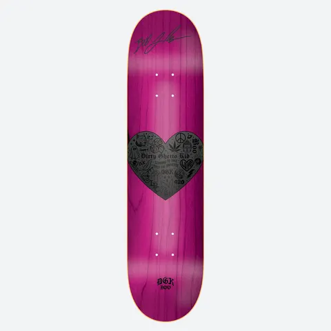 DGK Autographed Feels Boo 8.25 skateboard deck: Black heart filled with small tonal icons including dice, peace sign, ghost, leaf and 420, with 'Dirty Ghetto Kid' text inside, on a pink stained wood veneer. Signature printed near the nose and DGK Boo logo at the tail.