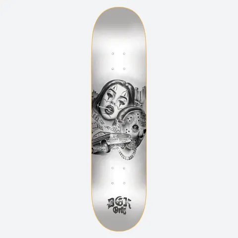 DGK Avenue Ortiz 8.38 skateboard deck: A black-and-white airbrush-style illustration on a silver-white deck: a woman with clown face paint and a cigarette, cash notes, a lowrider car, a city skyline and a hockey mask with a chain. DGK Ortiz logo in gothic lettering.