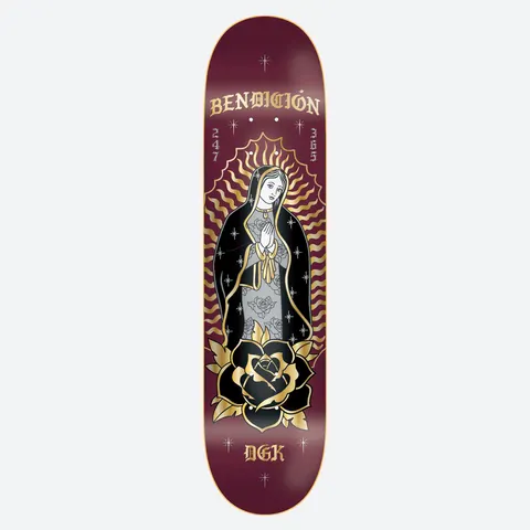 DGK Bendicion 8.25 skateboard deck: Praying Virgin Mary figure in a black robe with gold radiating halo lines, above a black and gold rose, on a burgundy deck with blackletter text and stars.