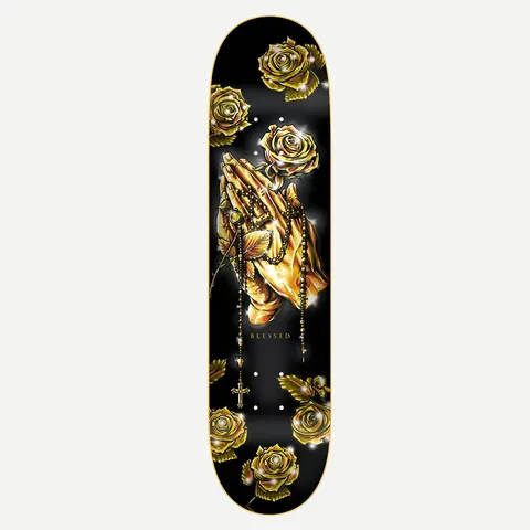 DGK Blessed Black Gold 8.06 skateboard deck: Gold praying hands wrapped in a rosary with a cross, surrounded by gold roses and sparkles on a black deck, rendered in realistic airbrush style.