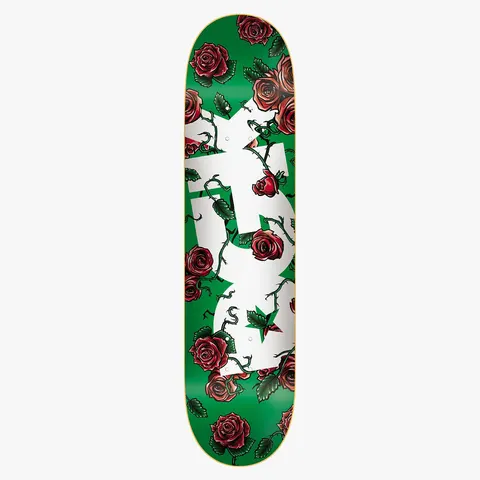 DGK Bloom Green 7.9 skateboard deck: A large white DGK logo covered with red roses and thorny vines, with a star, on a green deck.