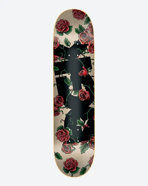 DGK Bloom Sand 8.06 skateboard deck: Large black DGK logo letters overgrown with red roses and green thorny vines, set on a sand-coloured deck in a tattoo-flash style.