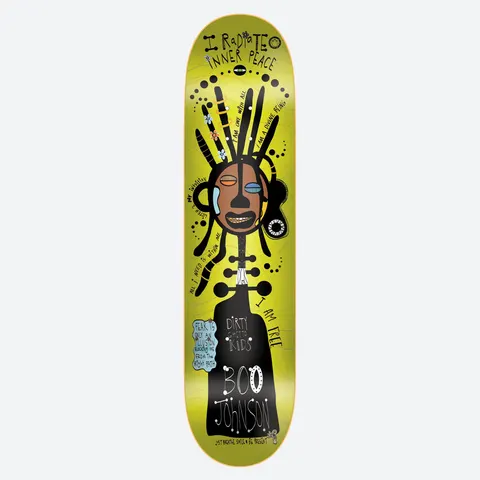 DGK Breezy x Boo skateboard deck: A folk-art style figure with a brown mask-like face, long black dreadlocks and a black bell-shaped body on a lime yellow deck, surrounded by hand-lettered affirmations such as 'I radiate inner peace' and 'I am free'. Boo Johnson is named near the tail.