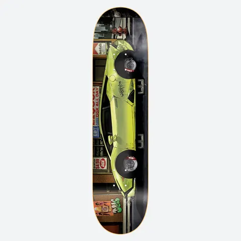 DGK Bricked Kalis 8.06 skateboard deck: A lime-green supercar seen side-on in a city street, its wheels replaced by brake discs, beside shop signs, a fire hydrant and graffiti. Signs include DGK All Day and a liquor store.