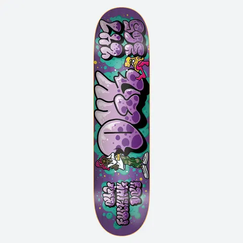 DGK Bubble 8.38 skateboard deck: Purple deck with large lilac bubble-style graffiti lettering outlined in black, on teal paint splashes, with a small cartoon sponge character and a figure in camouflage trousers beside it.