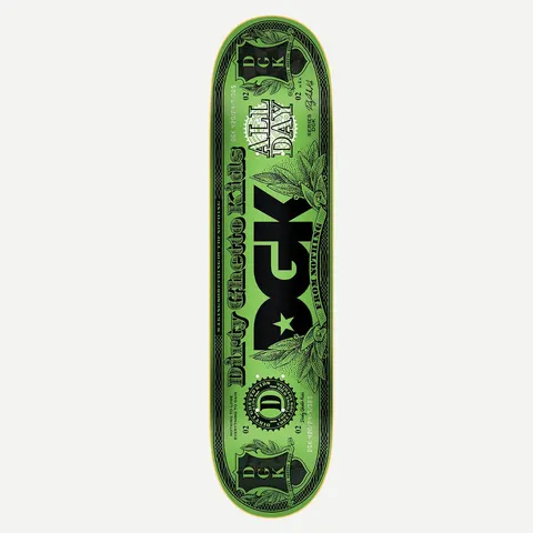 DGK Buck Neon 8.1 skateboard deck: A banknote-style design in green and black, with a large DGK logo in the centre, Dirty Ghetto Kids in banner lettering down the left, laurel leaves, seals and corner DGK panels.