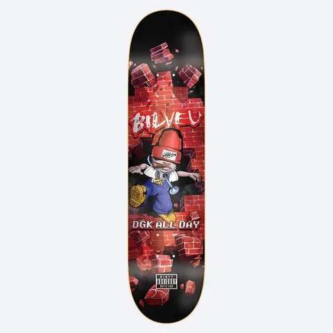 DGK Bustin Out Bilyeu 8.0 skateboard deck: A cartoon kid in a red bucket hat, overalls and yellow boots crashes through a red brick wall in a shower of flying bricks, on a black deck. A Parental Advisory style label sits near the tail.