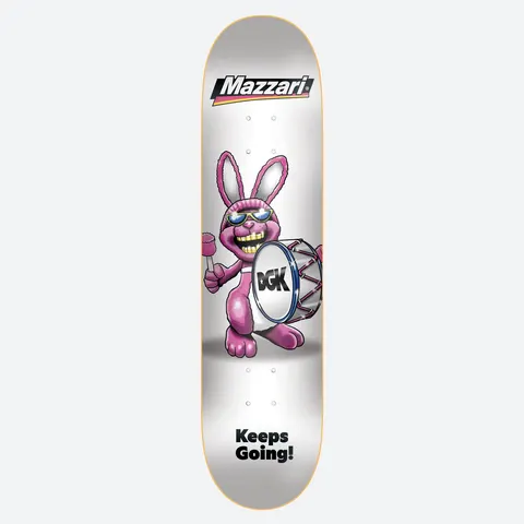 DGK Cant Stop Mazzari 8.25 skateboard deck: Pink battery-mascot style rabbit in sunglasses and gold teeth beating a DGK bass drum, on a white deck, with a Mazzari logo at the top and Keeps Going slogan at the bottom.
