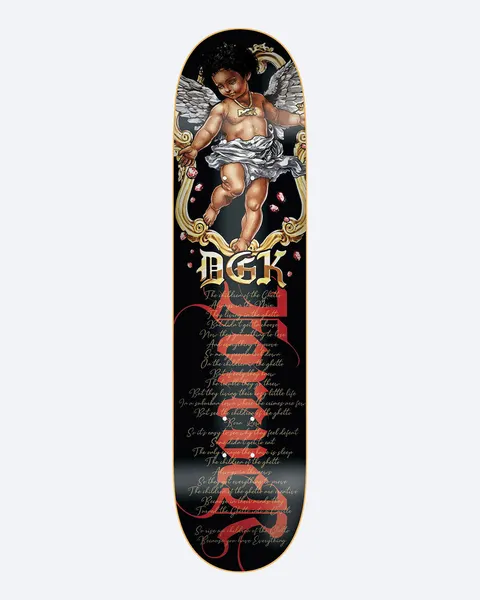 DGK Castles skateboard deck: Baroque cherub with dark curly hair and silver wings in an ornate gold frame with scattered roses, above the gothic DGK logo and lines of cursive song lyrics, with large red blackletter script running down the black deck.