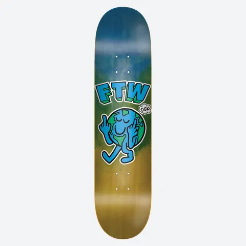 DGK Chaos Tie Dye 8.5 skateboard deck: A cartoon planet Earth with legs gives two middle fingers, beneath blue block letters 'FTW' and a small DGK speech bubble, on a blue, green and gold tie-dye stained board.