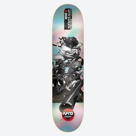 DGK Collage Foil skateboard deck: Black-and-white manga-style Afro Samurai characters in a fighting collage, including a teddy-bear-headed figure and a large gun barrel, over a holographic foil background. Afro Samurai and DGK logos at top and bottom.